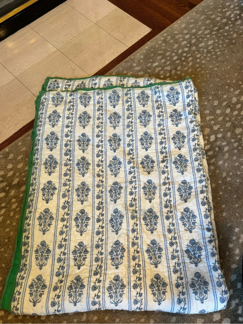 Roller Rabbit Cream and Blue Floral Quilted Throw with Green Border